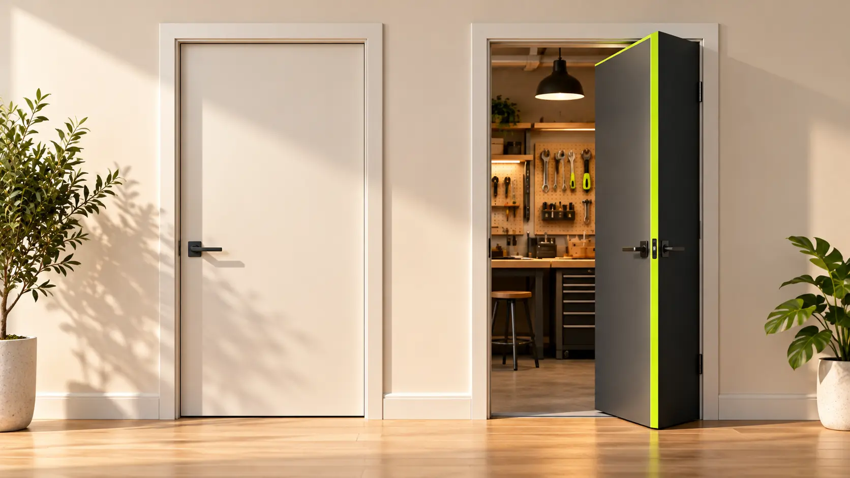 Flat illustration, 16:9, of two doors on a plain wall: one ready-made, one slightly open onto a workshop with tools. Warm neutral palette, lime accent on the open door's edge. No text.