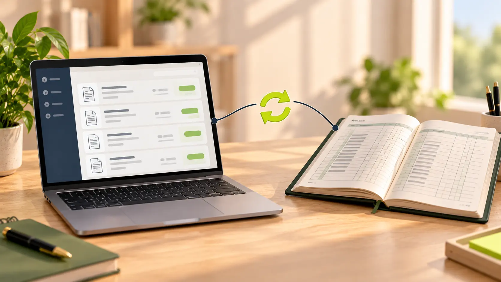 Flat illustration, 16:9, of a laptop showing an invoice list linked by one curved line to a ledger book, small sync arrows on the line. Warm neutral palette, lime accent on arrows. No text.