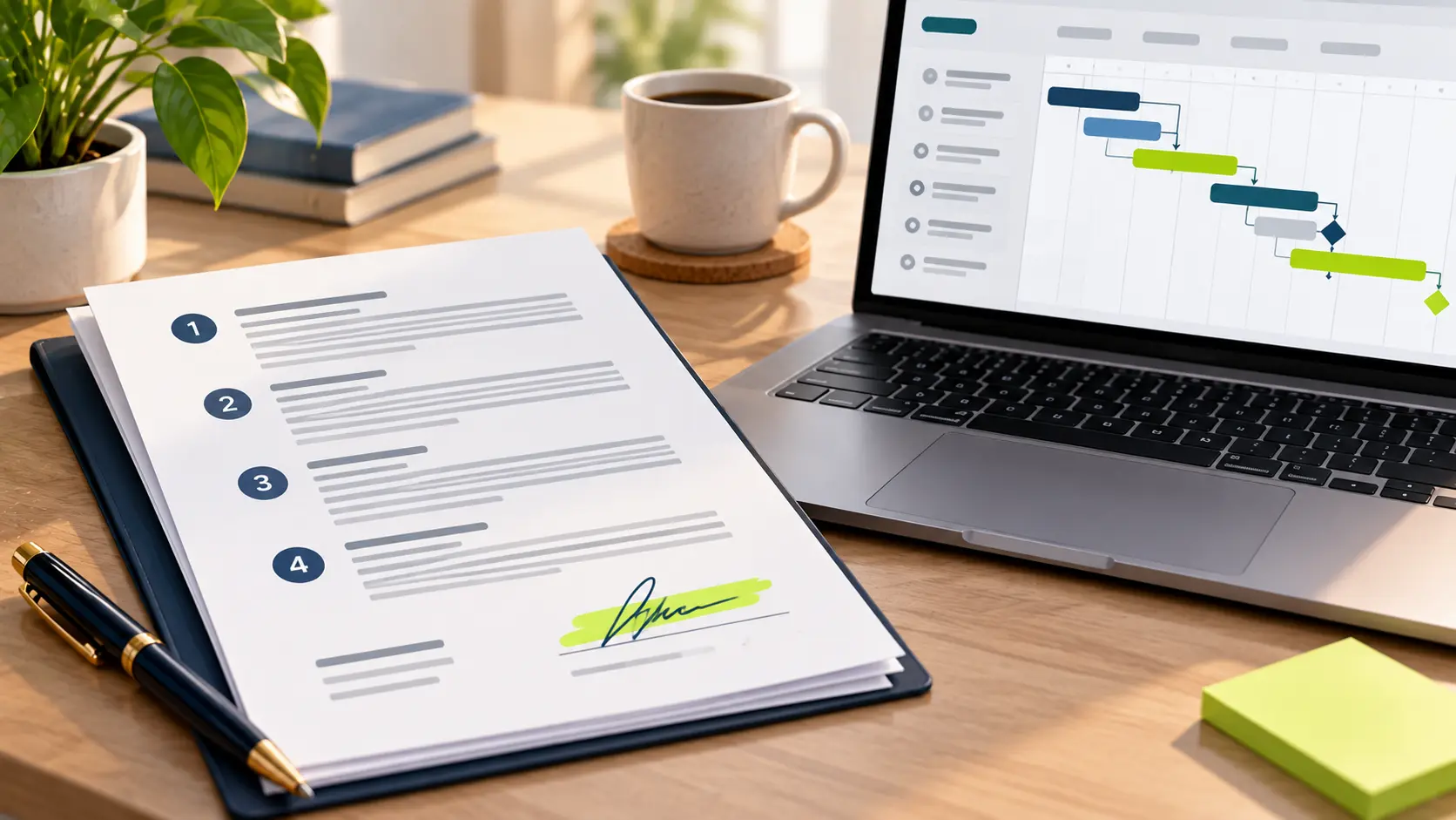 Flat illustration, 16:9, of a signed document with numbered sections beside a laptop showing a project timeline, warm neutral palette with one lime accent on the signature line.